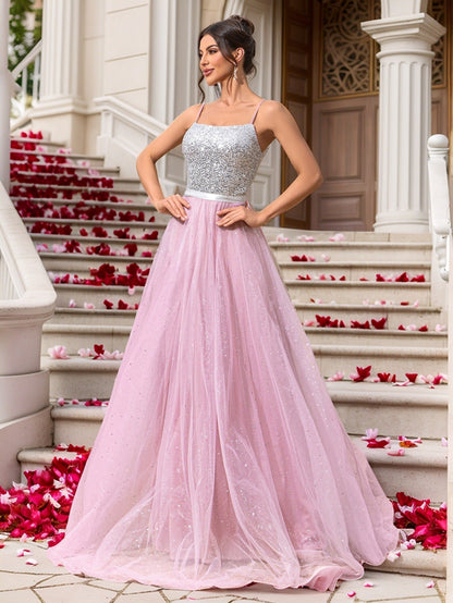 A-Line Maxi Dress with Sequined Bodice and Backless Detail