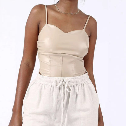 Slim Fit PU Leather Corset Top with Sweetheart Neckline