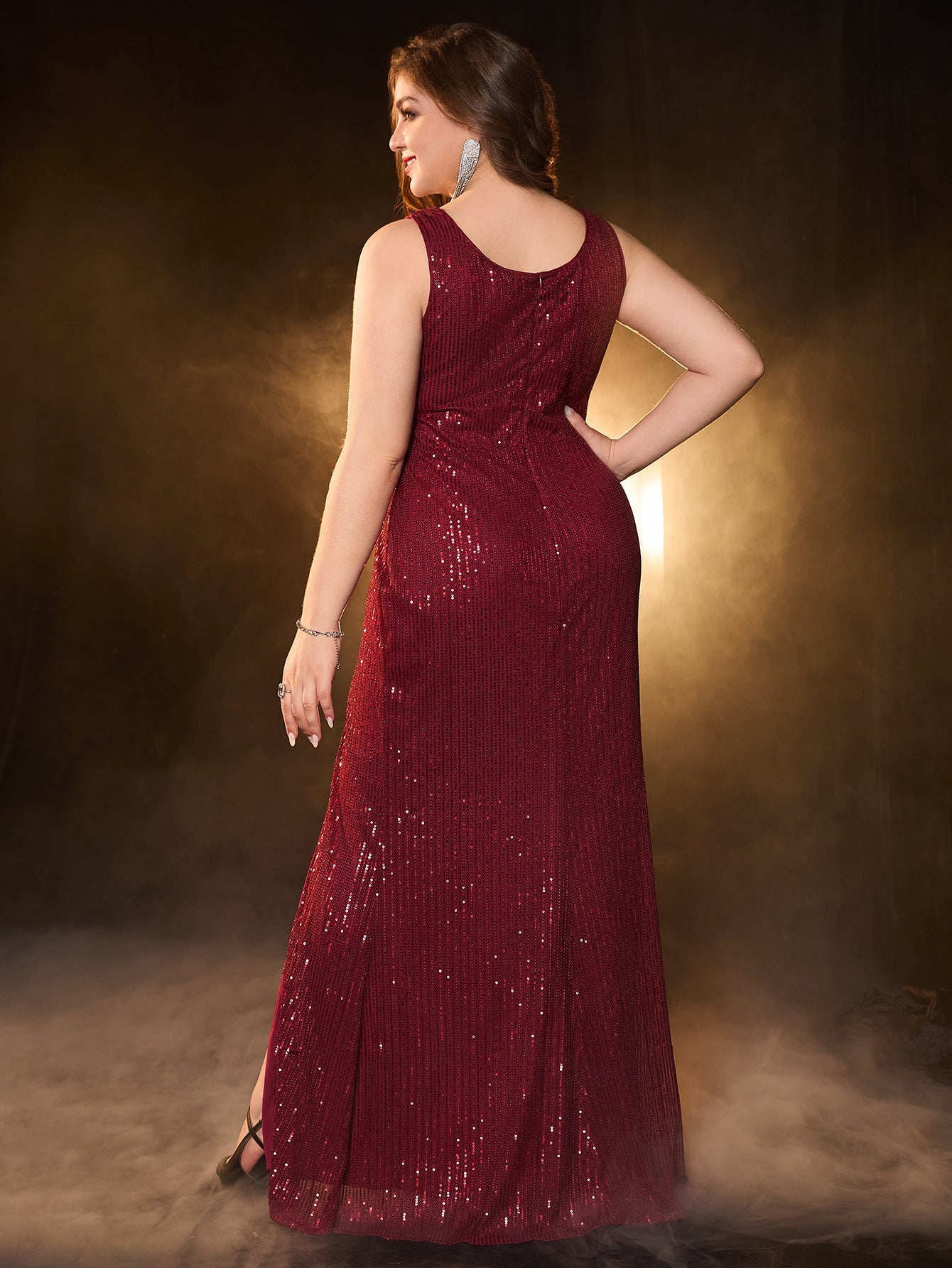 A-Line Sequined Maxi Dress with High Slit and Notched Neckline