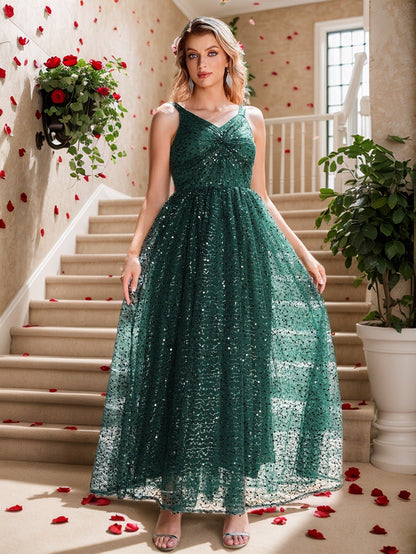 Sequined A-Line Maxi Dress with V-Neck and Backless Detail