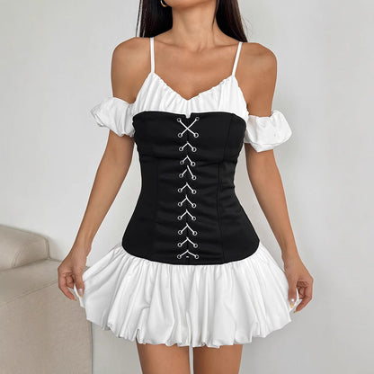 Color-Block Mini Dress with Lace-Up Corset and Puff Sleeves