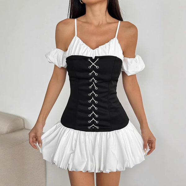 Color-Block Mini Dress with Lace-Up Corset and Puff Sleeves