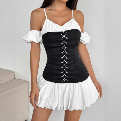 Color-Block Mini Dress with Lace-Up Corset and Puff Sleeves