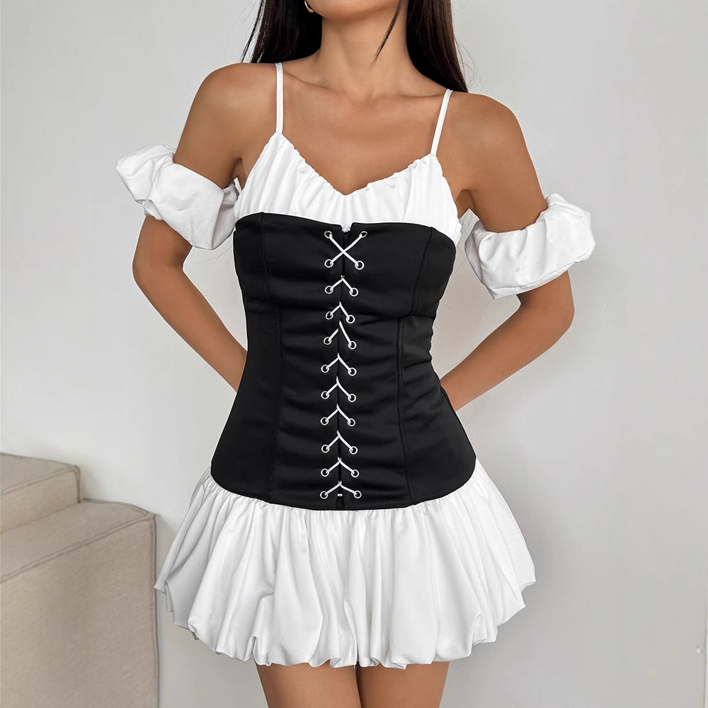 Color-Block Mini Dress with Lace-Up Corset and Puff Sleeves