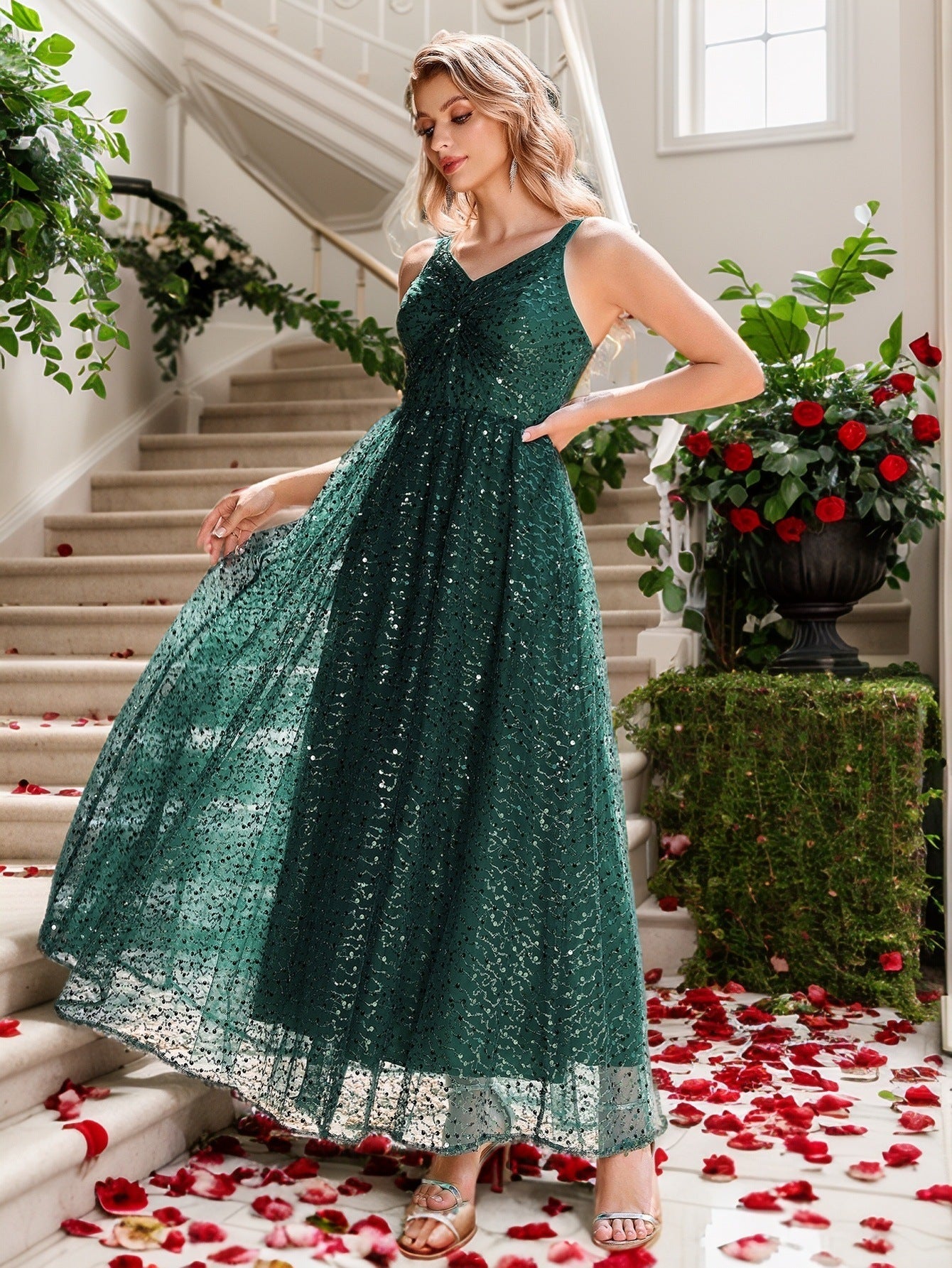 Sequined A-Line Maxi Dress with V-Neck and Backless Detail