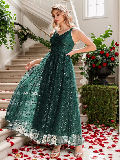 Sequined A-Line Maxi Dress with V-Neck and Backless Detail
