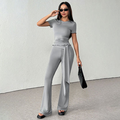Short Sleeve Two-Piece Pants Set with Lettuce Trim and Flared Leg