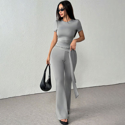 Short Sleeve Two-Piece Pants Set with Lettuce Trim and Flared Leg