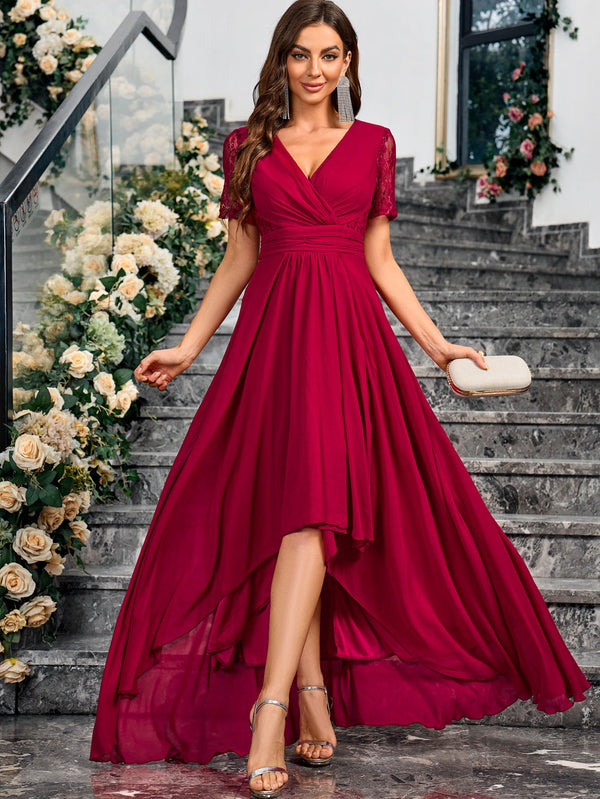 High-Low Chiffon Evening Dress with Lace Short Sleeves