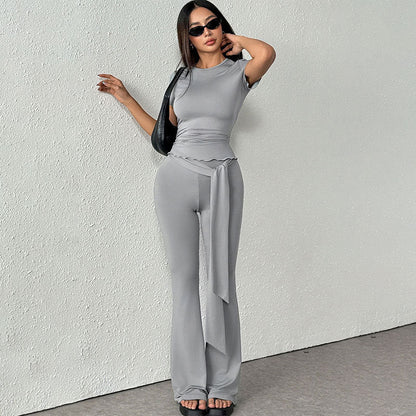 Short Sleeve Two-Piece Pants Set with Lettuce Trim and Flared Leg