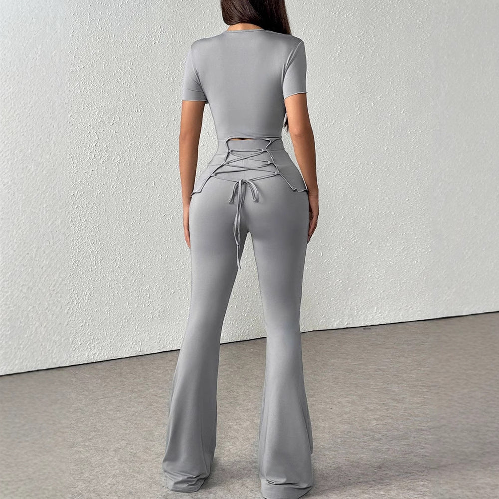 Short Sleeve Two-Piece Pants Set with Lettuce Trim and Flared Leg