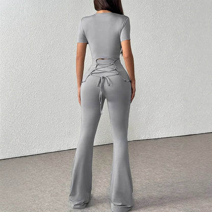 Short Sleeve Two-Piece Pants Set with Lettuce Trim and Flared Leg