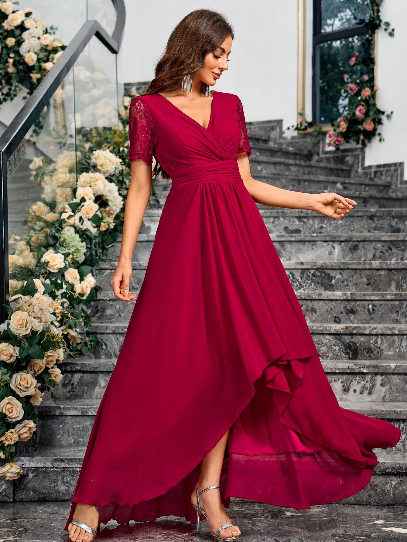 High-Low Chiffon Evening Dress with Lace Short Sleeves
