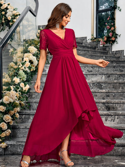 High-Low Chiffon Evening Dress with Lace Short Sleeves