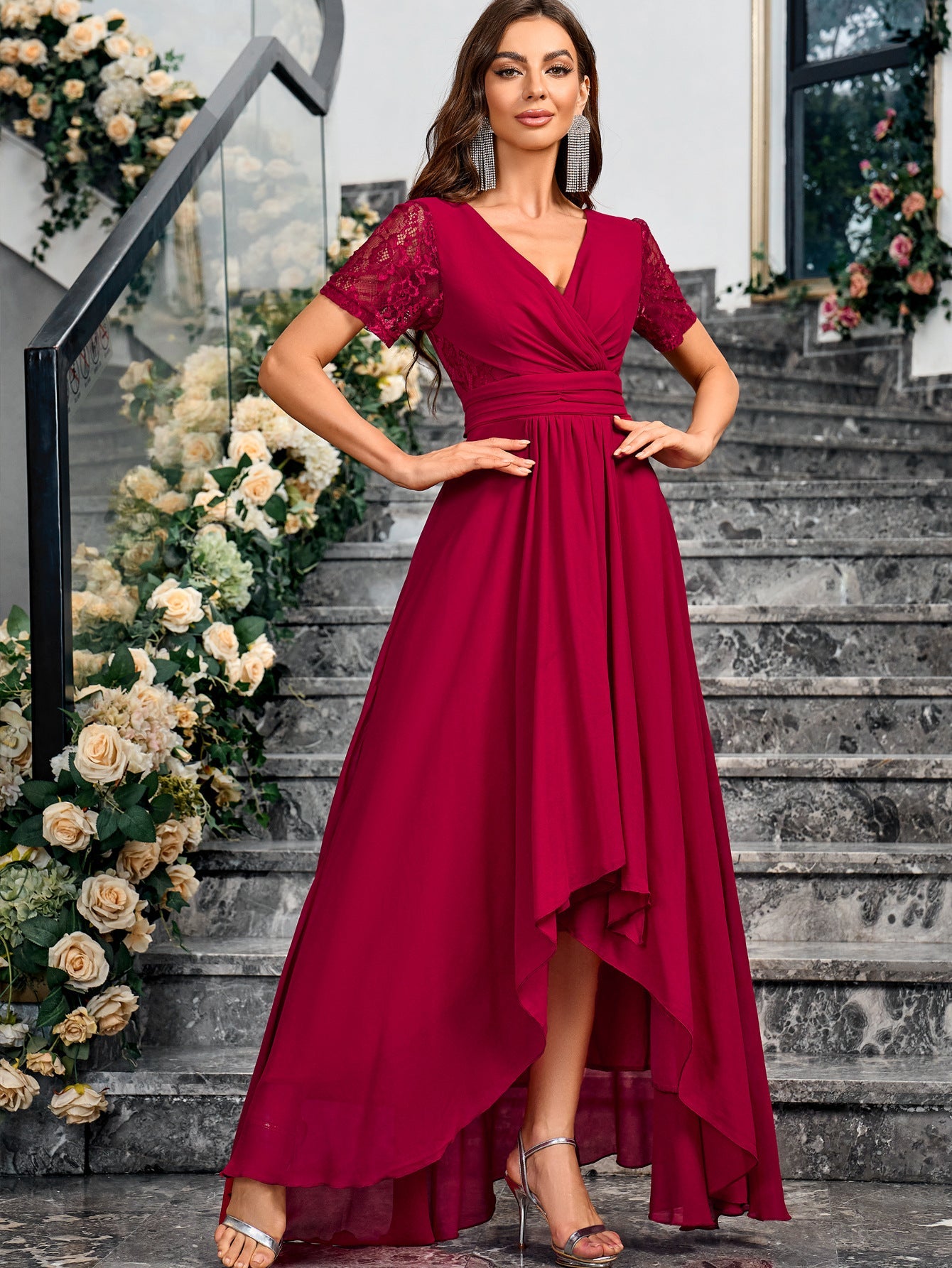 High-Low Chiffon Evening Dress with Lace Short Sleeves