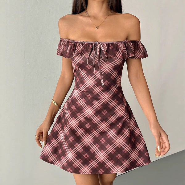 Plaid A-Line Mini Dress with Ruffled Off-the-Shoulder Neckline