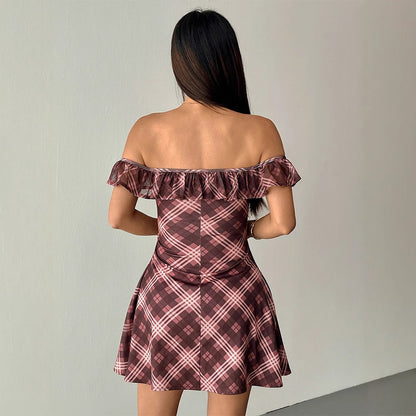 Plaid A-Line Mini Dress with Ruffled Off-the-Shoulder Neckline