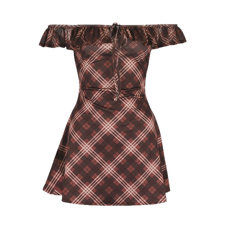 Plaid A-Line Mini Dress with Ruffled Off-the-Shoulder Neckline