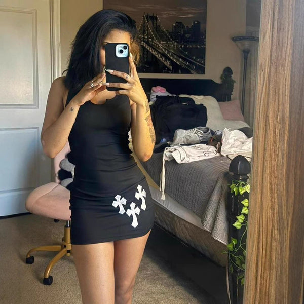Bodycon Mini Dress with U-Neck and Cross Patch Detail