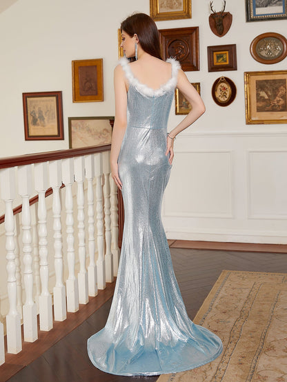Metallic Sheath Maxi Dress with Feather-Trimmed V-Neck