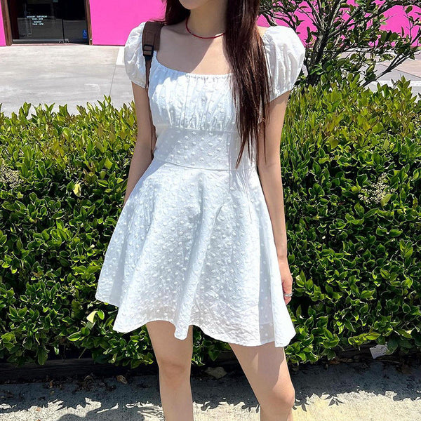 Embroidered A-Line Mini Dress with Square Neck and Puff Sleeves