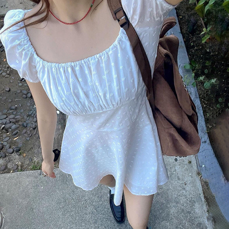 Embroidered A-Line Mini Dress with Square Neck and Puff Sleeves