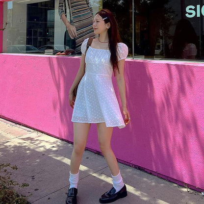 Embroidered A-Line Mini Dress with Square Neck and Puff Sleeves
