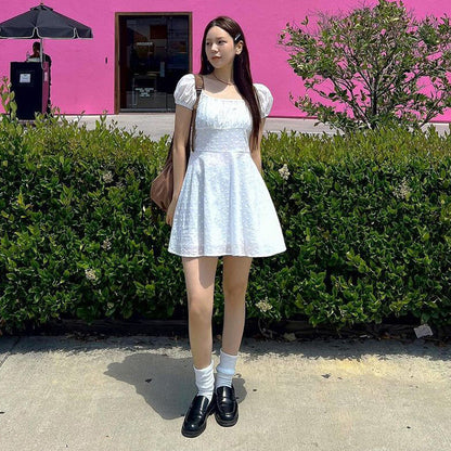 Embroidered A-Line Mini Dress with Square Neck and Puff Sleeves