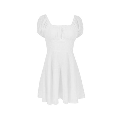 Embroidered A-Line Mini Dress with Square Neck and Puff Sleeves