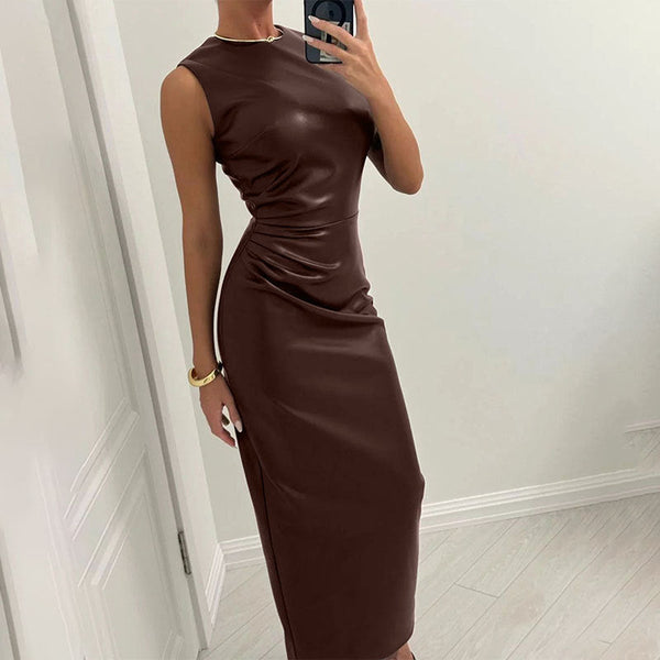 Bodycon Faux Leather Midi Dress with Ruched Side Detail
