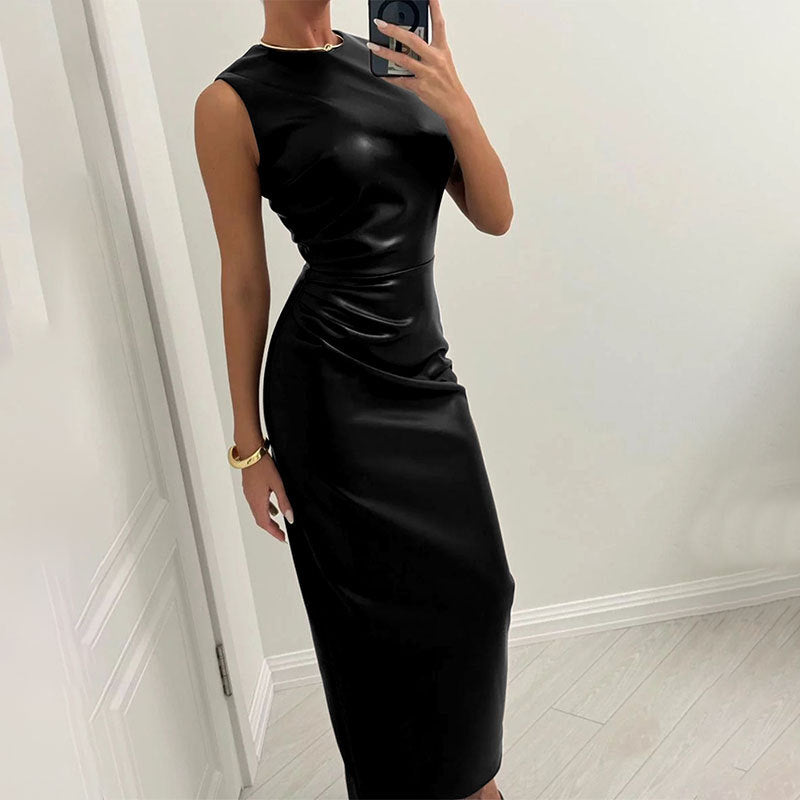 Bodycon Faux Leather Midi Dress with Ruched Side Detail