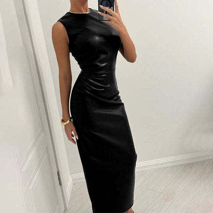 Bodycon Faux Leather Midi Dress with Ruched Side Detail