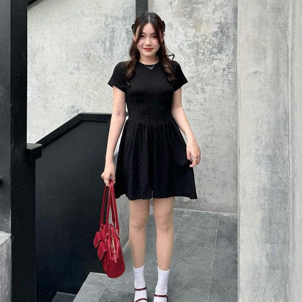 A-Line Crewneck Mini Dress with Corset Waist Detail