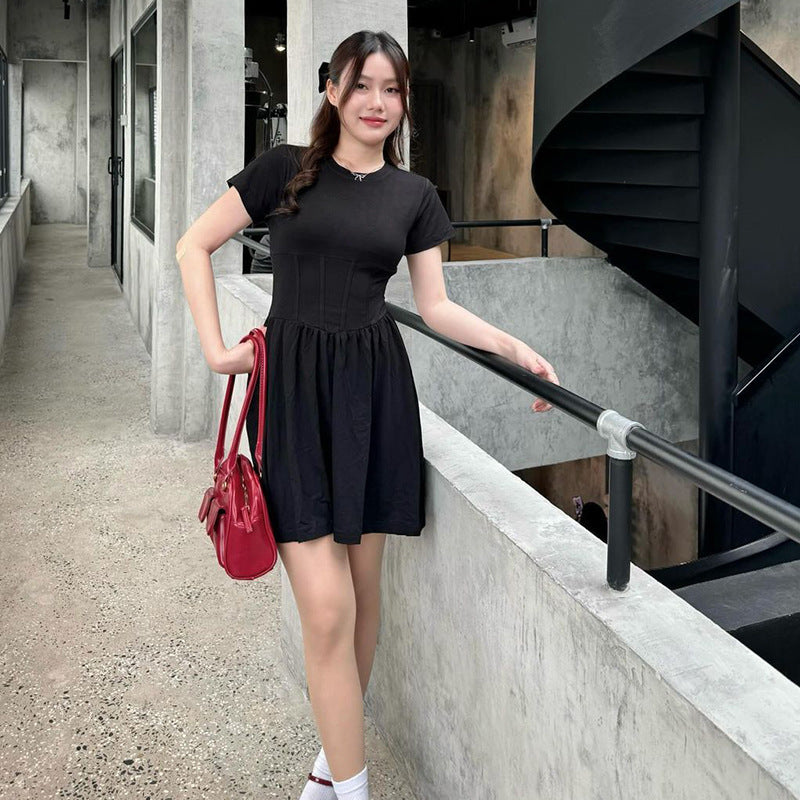 A-Line Crewneck Mini Dress with Corset Waist Detail