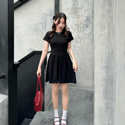 A-Line Crewneck Mini Dress with Corset Waist Detail