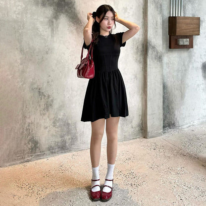 A-Line Crewneck Mini Dress with Corset Waist Detail