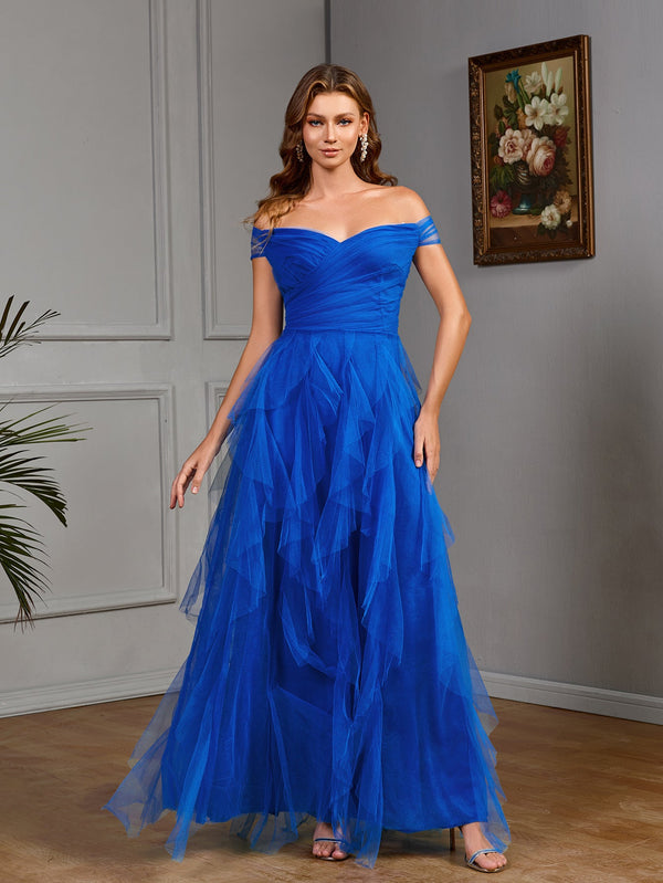 Off-the-Shoulder Tulle Maxi Dress with Tiered Ruffles