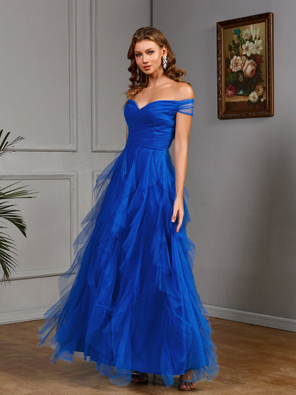 Off-the-Shoulder Tulle Maxi Dress with Tiered Ruffles