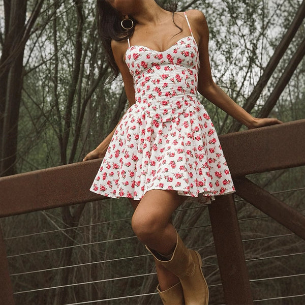 Floral Print A-Line Mini Dress with Corset-Style Bodice