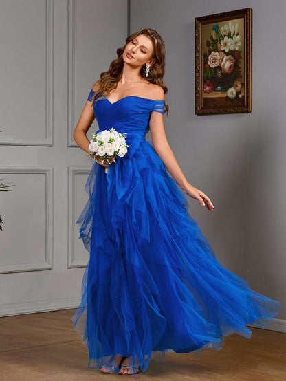 Off-the-Shoulder Tulle Maxi Dress with Tiered Ruffles