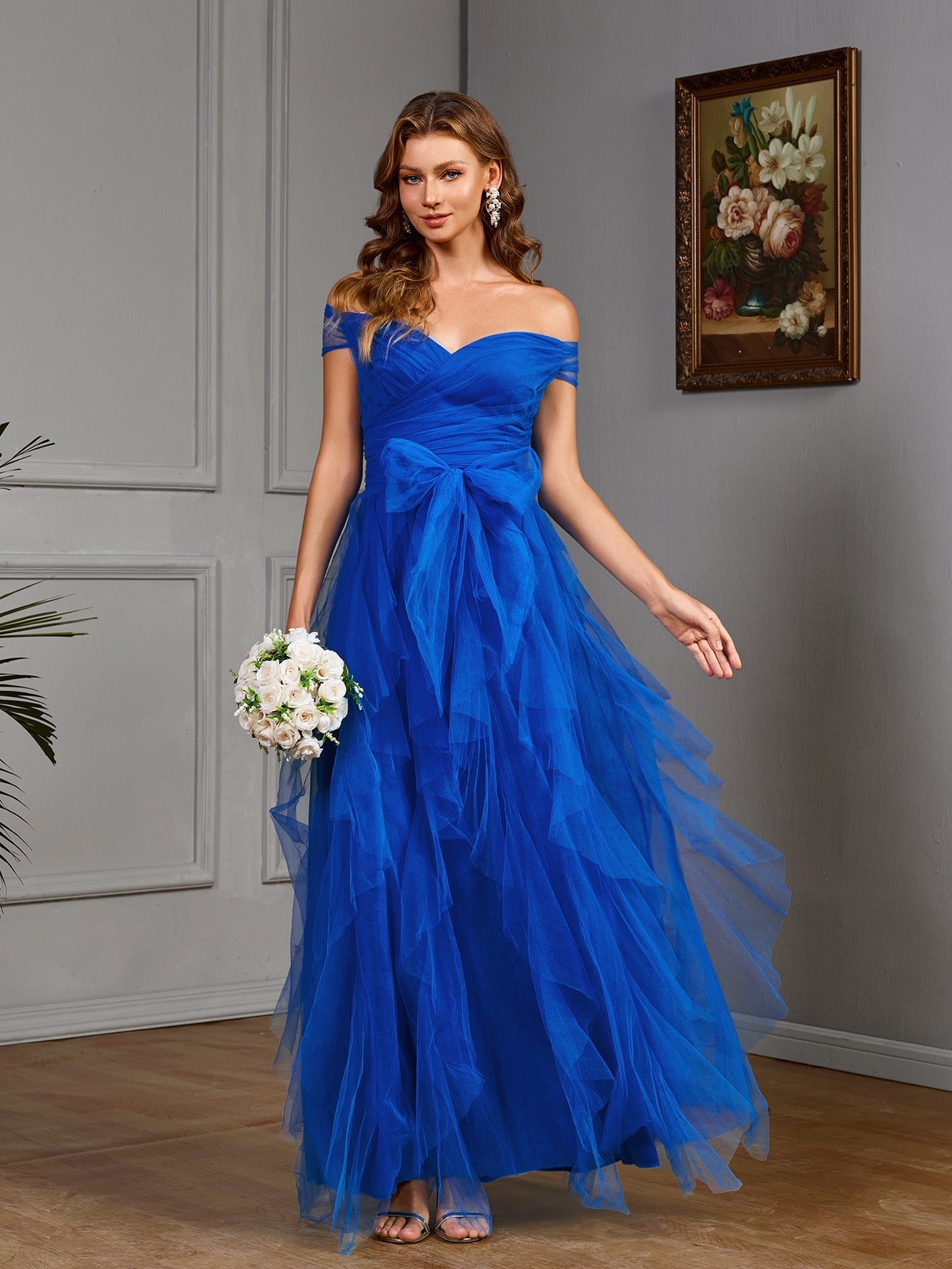 Off-the-Shoulder Tulle Maxi Dress with Tiered Ruffles