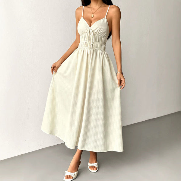 A-Line Maxi Dress with Smocked High Waist and V-Neck