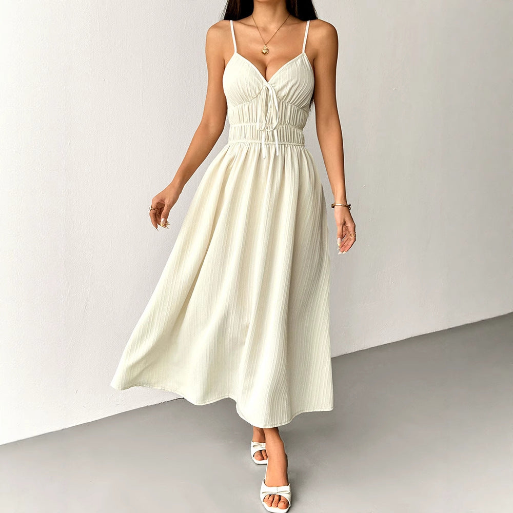 A-Line Maxi Dress with Smocked High Waist and V-Neck