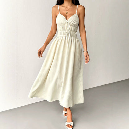 A-Line Maxi Dress with Smocked High Waist and V-Neck