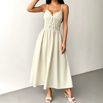 A-Line Maxi Dress with Smocked High Waist and V-Neck