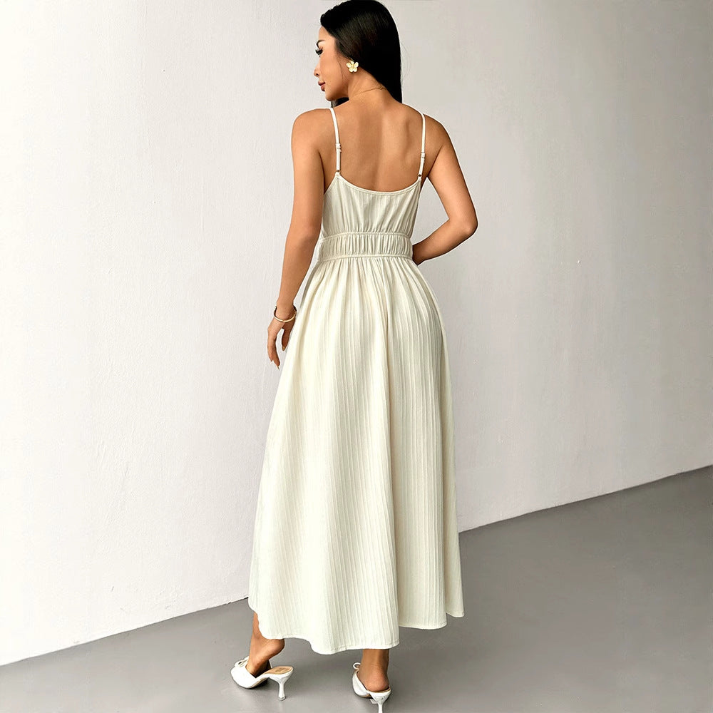 A-Line Maxi Dress with Smocked High Waist and V-Neck