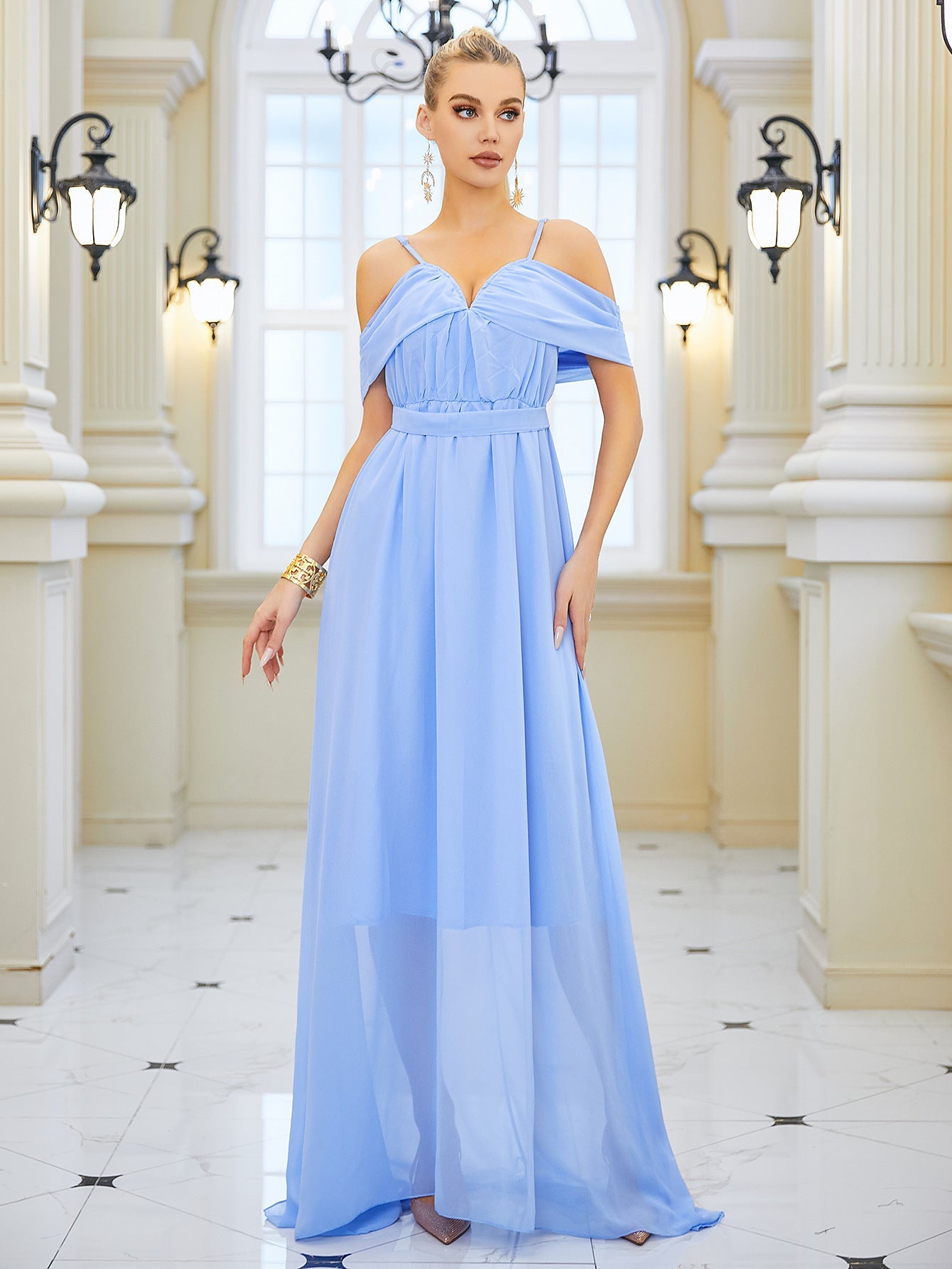 Cold-Shoulder A-Line Maxi Dress with V-Neck and Pleats