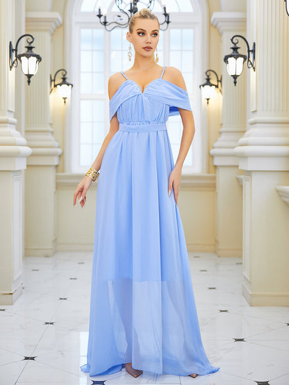Cold-Shoulder A-Line Maxi Dress with V-Neck and Pleats
