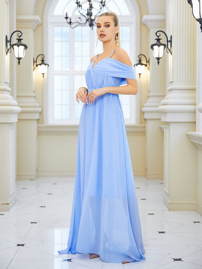 Cold-Shoulder A-Line Maxi Dress with V-Neck and Pleats