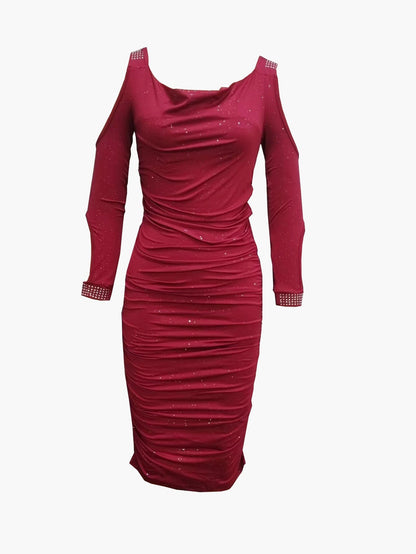 Ruched Pencil Midi Dress with Cold-Shoulder and Rhinestone Trim